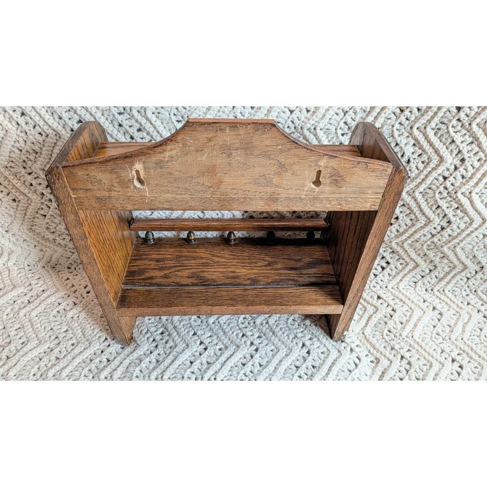 Vintage Oak Wood Wall Shelf with Spindle Rail and Towel Bar Farmhouse 13x12x6.5